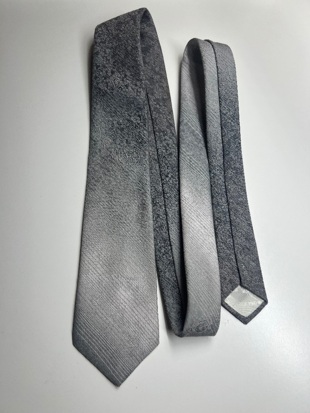 Paco Rabanne gray ties with diagonal stripes and subtle paisley pattern